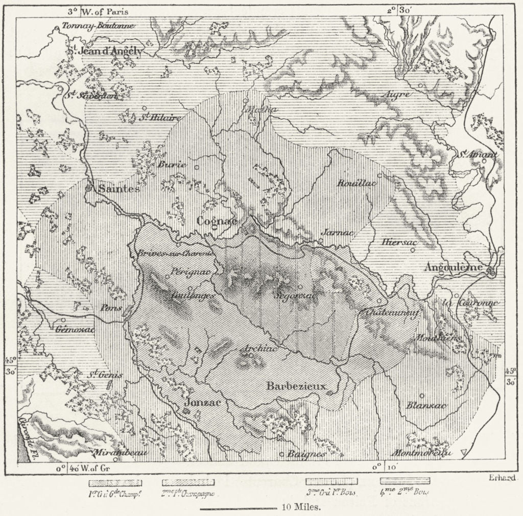 FRANCE. Brandy Districts of Charente, sketch map c1885 old antique chart